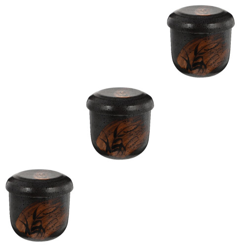 3Pcs Ceramic Stew Pots Brown Kitchen Bowls Steaming Cups with Lid