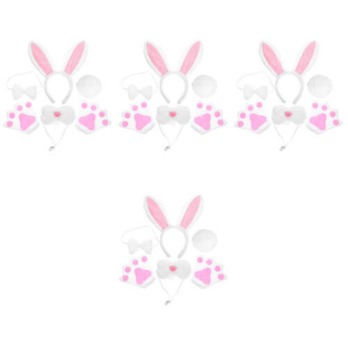 4Sets White Rabbit Ear Headband Set with Tail Bowtie Plush for Cosplay