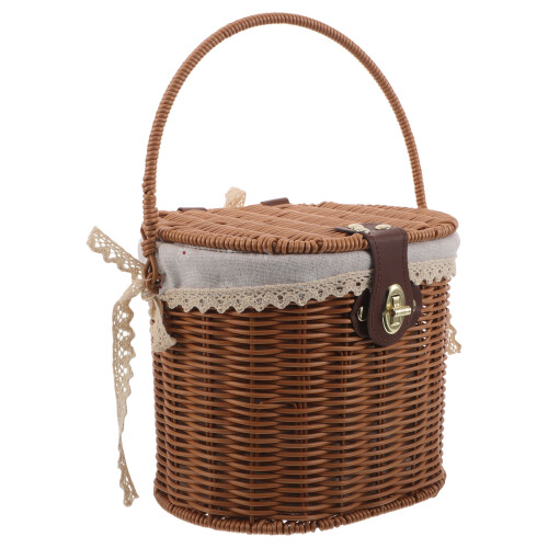 Brown Handwoven Basket with Lid Handle for Fruit Storage