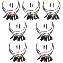 7Sets Schmuckset Damen Feder Anhänger Schwarze Legierung Halskette