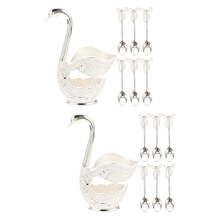 2Sets Smooth Silver Metal Spoons with Swan Base Storage Rack