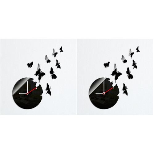 2Pcs Removable Black Acrylic Mirror Wall Clock DIY Decal Stickers