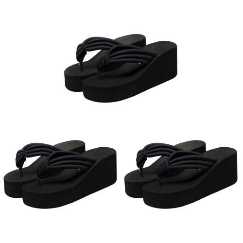 3Pcs Comfortable Black Platform Slippers Non-Slip Beach Knoted Sandals