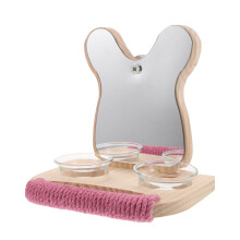 Wooden Bird Perch Stand with Mirror and Feeding Bowl for Parakeets