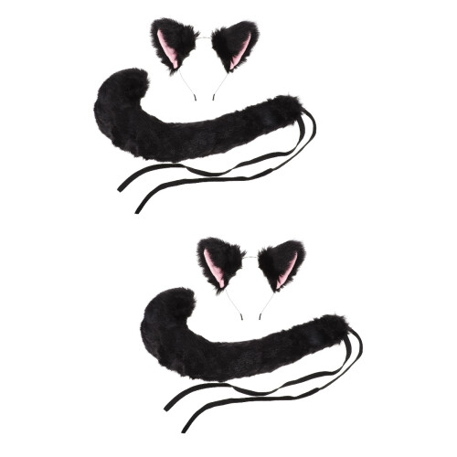 2Sets Creative Black Cat Ear Headband Tail for Carnival Party
