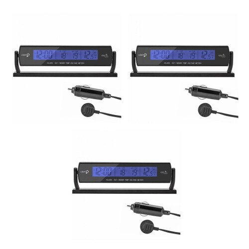 3Pcs Vehicle Thermometer Electronic Clock Voltage Meter for Car Use