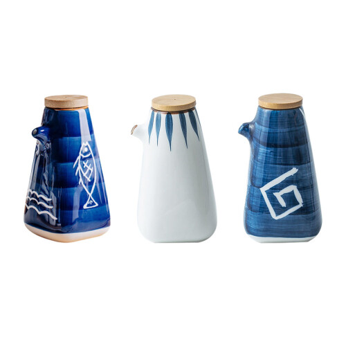 3Pcs Ceramic Condiment Jars with Bamboo Covers for Kitchen