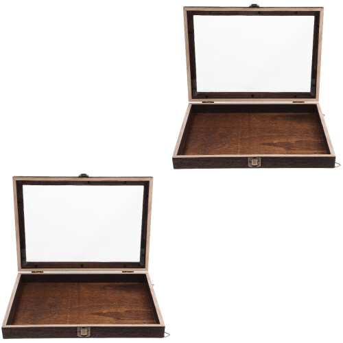 2Pcs Compact Brown Wooden Specimen Storage Boxes with Transparent Lid