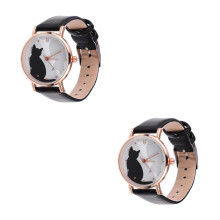 2Pcs Cartoon Cat Watch Black Quartz Kids Watch with Comfortable Strap