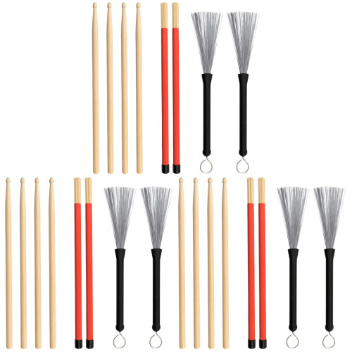 3Sets Durable Maple Drumsticks and Non-Slip Steel Wire Drum Brushes