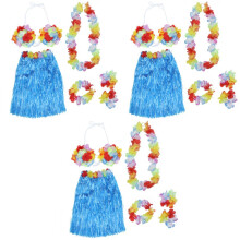 3Pcs Colorful Tropical Hula Grass Skirt Set Blue for Cosplay Dance