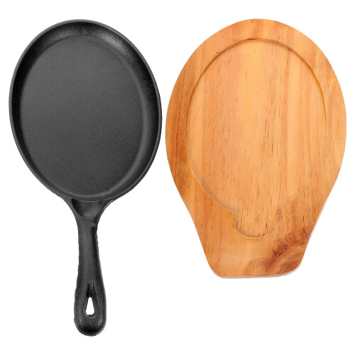 2Sets Non-Stick Cast Iron Frying Pan with Portable Wood Base Handle 2