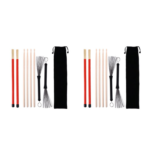 2Sets Drum Sticks Set Met Rubber Handvat Staal En Bamboe Borstel