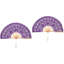 2Pcs Purple Lace and Bamboo Folding Fans for Wedding Dance Props