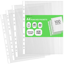 100 A4 Plastic Value Punched Punch Pockets Micron for Folders Filing Wallets Sleeves