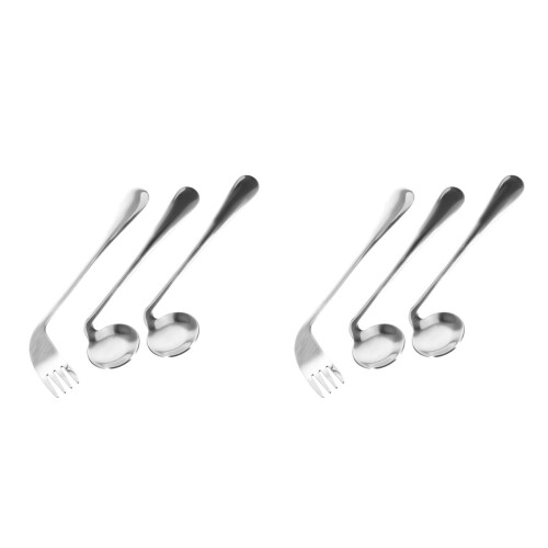 2Sets Durable Silver Angled Feeding Spoon and Curved Fork for Patients