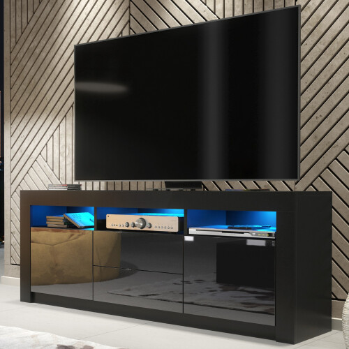 TV Unit Shine 160cm - Black with Gloss Doors and LED Lights