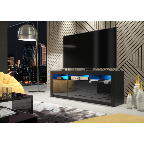 TV Unit Shine 160cm - Black with Gloss Doors and LED Lights 1