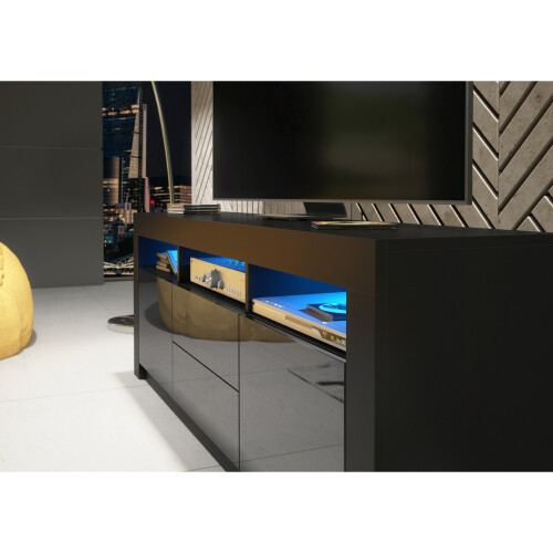 TV Unit Shine 160cm - Black with Gloss Doors and LED Lights 2
