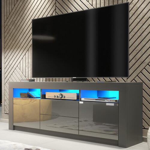 TV Unit Shine 160cm - Dark Grey with Gloss Doors and LED Lights