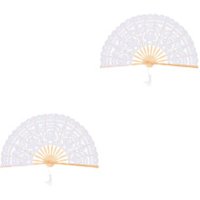 2Pièces Éventail Pliable Blanc En Bambou Et Dentelle Pour Danse