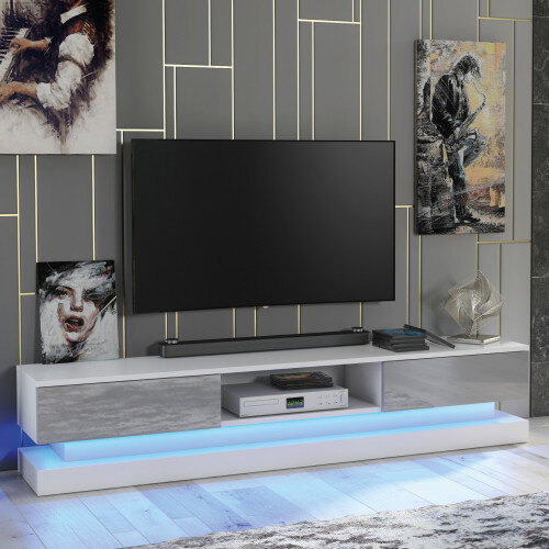 TV Unit Bloom 180cm - White & Grey Gloss Doors and LED Lights