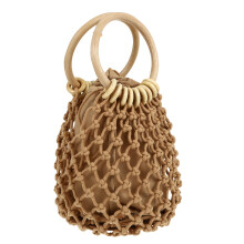 Bruine Mini Clutch Met Trekkoord Geweven Handtas