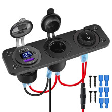 Lighter Socket 12V/24V with Rocker Toggle PD&QC3.0 USB C Outlet with LED Voltmeter Waterproof for Car Boat A