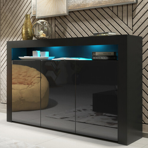 Sideboard Aether 155cm - Black with Gloss Doors and LED Lights