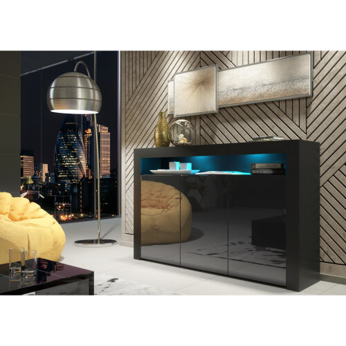 Sideboard Aether 155cm - Black with Gloss Doors and LED Lights 1