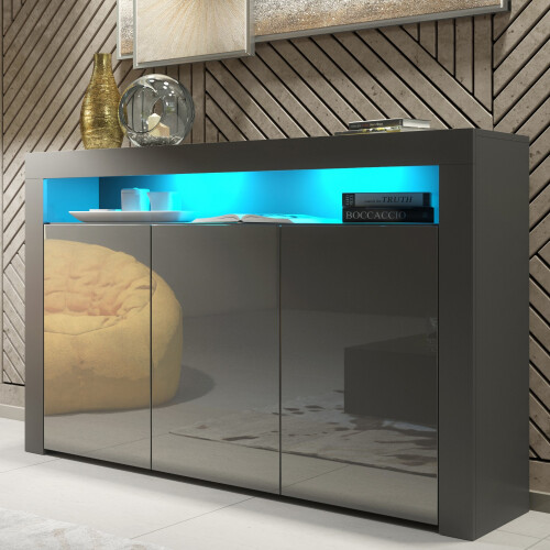 Sideboard Aether 155cm - Dark Grey with Gloss Doors and LED Lights