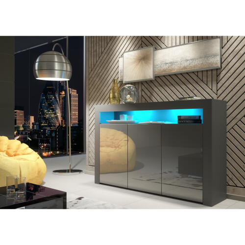 Sideboard Aether 155cm - Dark Grey with Gloss Doors and LED Lights 1