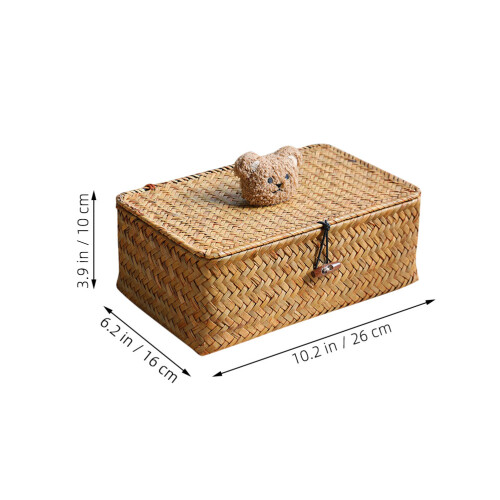 Handmade Khaki Straw Woven Storage Box Lid Bear Design Car Bin 1