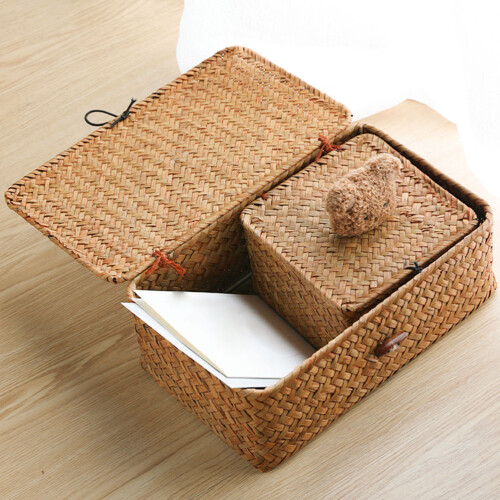 Handmade Khaki Straw Woven Storage Box Lid Bear Design Car Bin 2