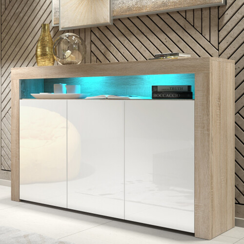 Sideboard Aether 155cm - Oak & White Gloss Doors and LED Lights