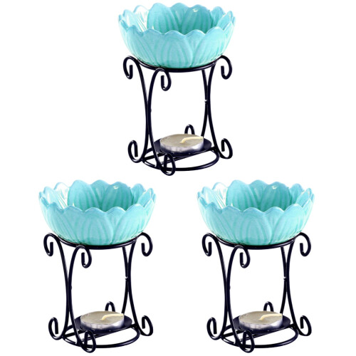 3Pcs Dual-Use Iron Candle Holder with Blue Ceramic Aromatherapy Plate 2