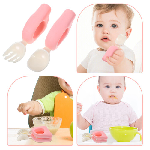 2Sets Pink Silicone Baby Feeding Spoon Fork Set for Toddler Training 2