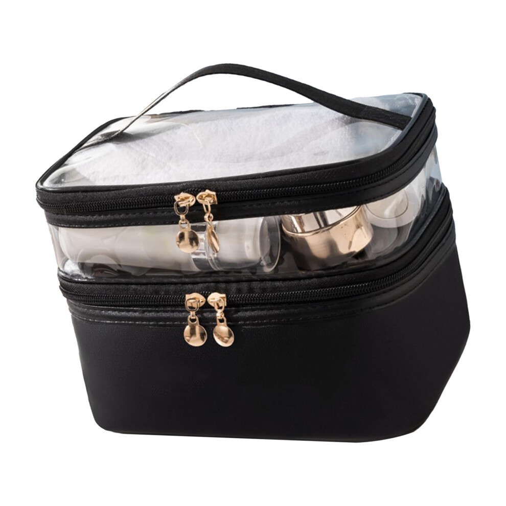 Black Double Layer Waterproof Makeup Bag 23X7x16cm With Smooth Zippers