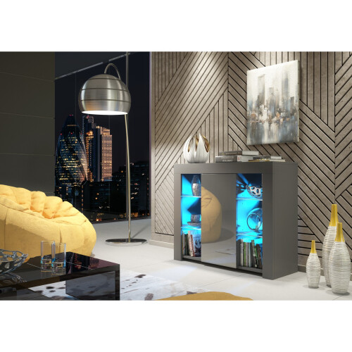 Sideboard Harbor 97cm - Dark Grey with Gloss Doors and LED Lights 1