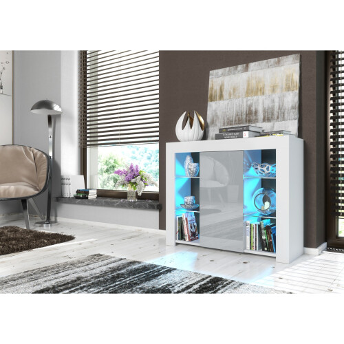 Sideboard Harbor 97cm - White & Grey Gloss Doors and LED Lights 1