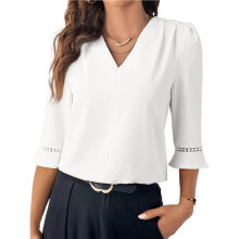 Women'S 3/4 Sleeve Tops Dressy Casual Pleated V Neck Business Work Blouses Office Shirts White M