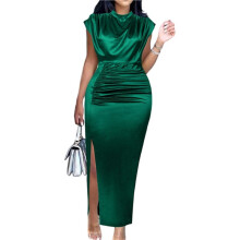Vestido Largo de Satén con Abertura Alta para Mujer: Elegante Vestido Formal con Cuello Alto y Mangas Cortas Verde S