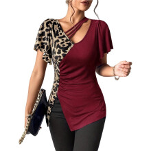 Tops for Women Leopard Print Asymmetric Patchwork Blouse Short Sleeve Going Out Top Wine Red S