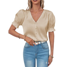 Womens Blouses Dressy Casual Satin V Neck Short Sleeve Shirts Business Casual Tops for Women Cream White XS