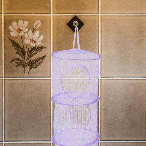 2Pcs Purple Clothes Organizer Bag Hanging Storage Net Foldable 3-Layer 2