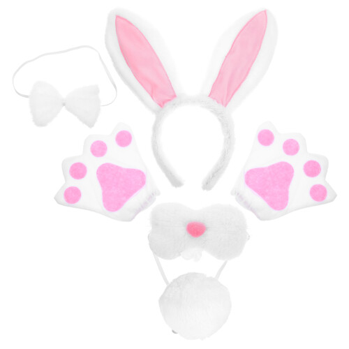 4Sets White Rabbit Ear Headband Set with Tail Bowtie Plush for Cosplay 2