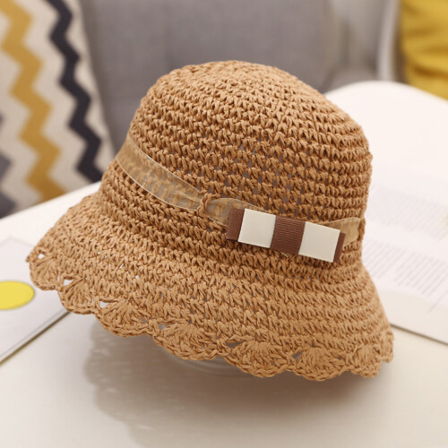 1Pc Khaki Children Straw Hat Lightweight Foldable Summer Sun Hat 2