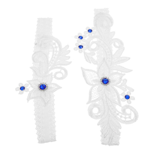 Bruids Elastische Jarretel Set Met Wit Kant En Blauwe Straalsteen 1