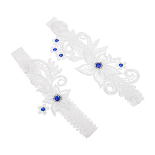 Bruids Elastische Jarretel Set Met Wit Kant En Blauwe Straalsteen 2