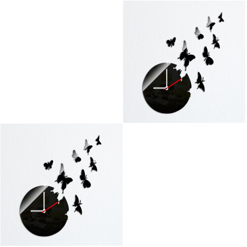2Pcs Removable Black Acrylic Mirror Wall Clock DIY Decal Stickers 1